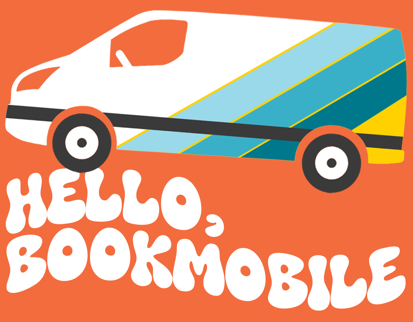 A depiction of the GCL Bookmobile, with "Hello, Bookmobile" spelled out below in groovy font.